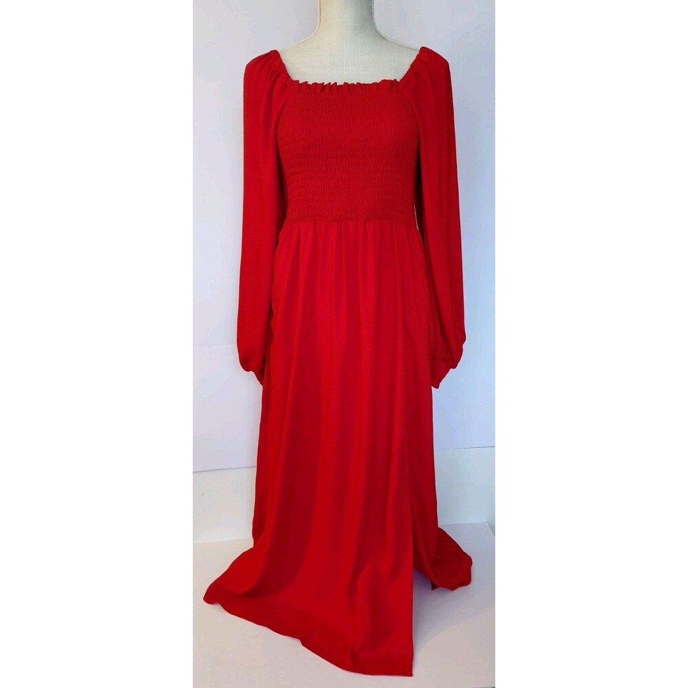 La Ligne Size XS Red Midi/Maxi Dress w/Puff Long Sleeve Smocking and Front Split